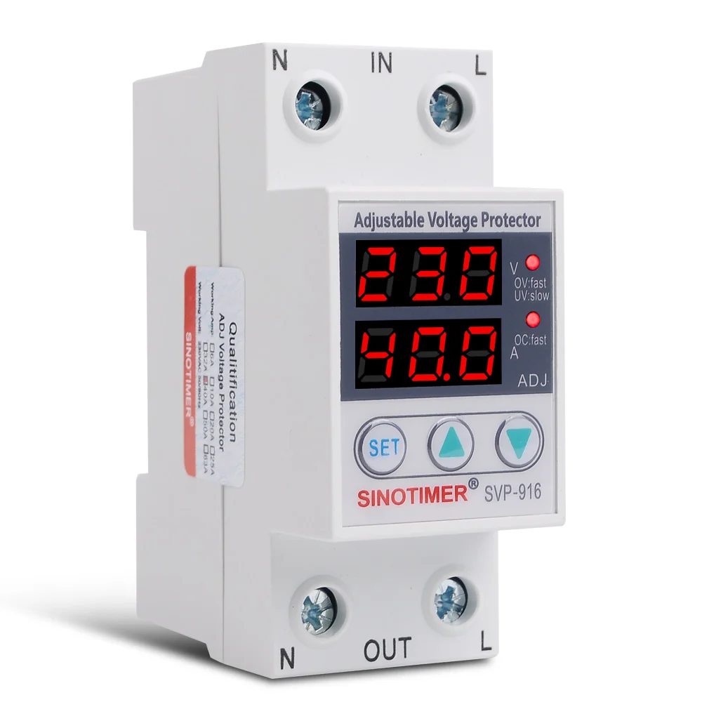 40A 220V din-рейка самовосстанавливающийся Регулируемый перенапряжения под напряжением двойной светодиодный дисплей вольтметр реле предохранитель напряжения монитор