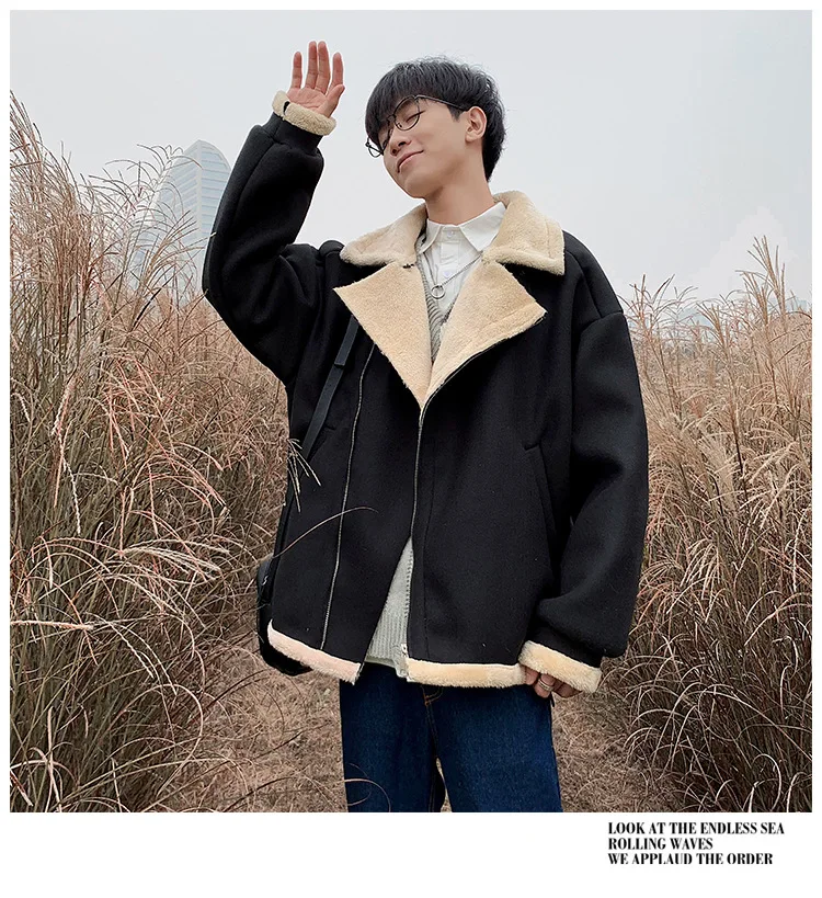 

New Men's Lamb Wool Jacket Plus Velvet Lapel With Pocket Solid Color Auumn Winter Thick Fashion Wind-proof Hot Sale Male Coat