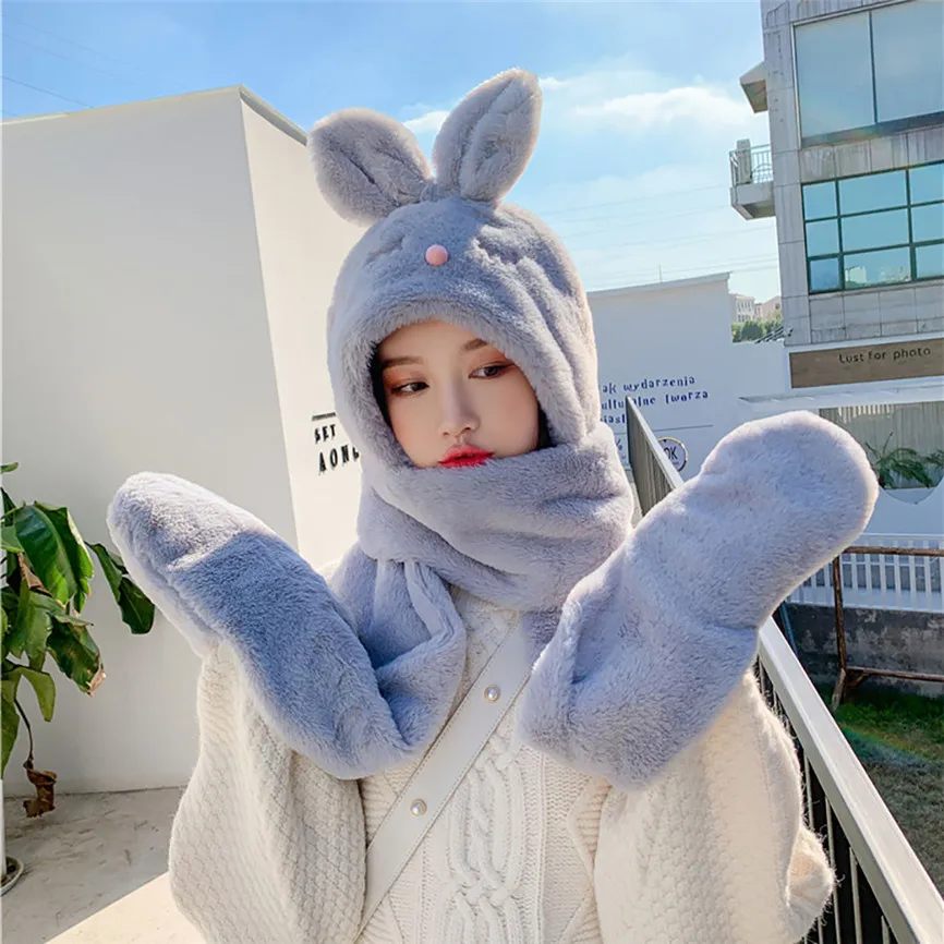 Популярная шапка с заячьими ушами 3 в 1 перчатками шарф магнитом плюшевая