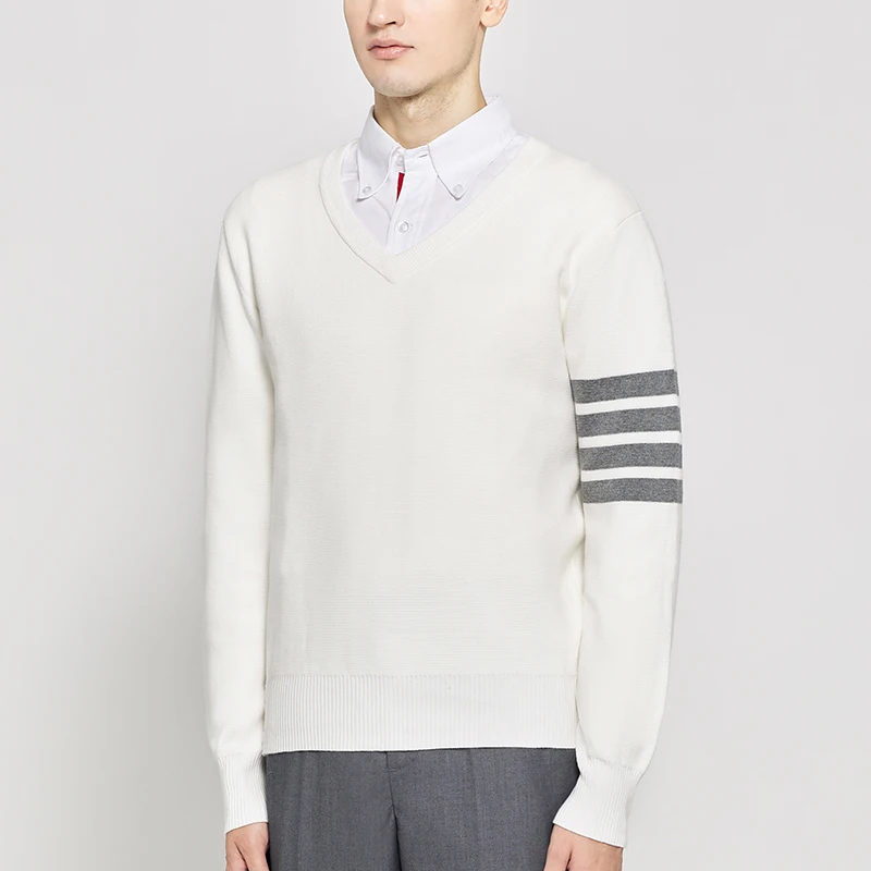

THOM 2021 TB Fashion Brand Sweaters Men Slim Fit V-Neck Pullovers Clothing Striped Cotton White Autumn Winter Casual Coat Male