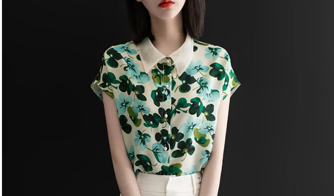 

Chiffon Loose Women's Blouse New Fashion Blouses Printing Polo-collar Shirts Casual Short Sleeve Blusas Summer Houthion