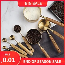 4/8PCS Stainless Steel Measuring Cup Spoon Set Wooden Handle Baking Tools Bartending Scale Kitchen Tool Accessories Gadget set