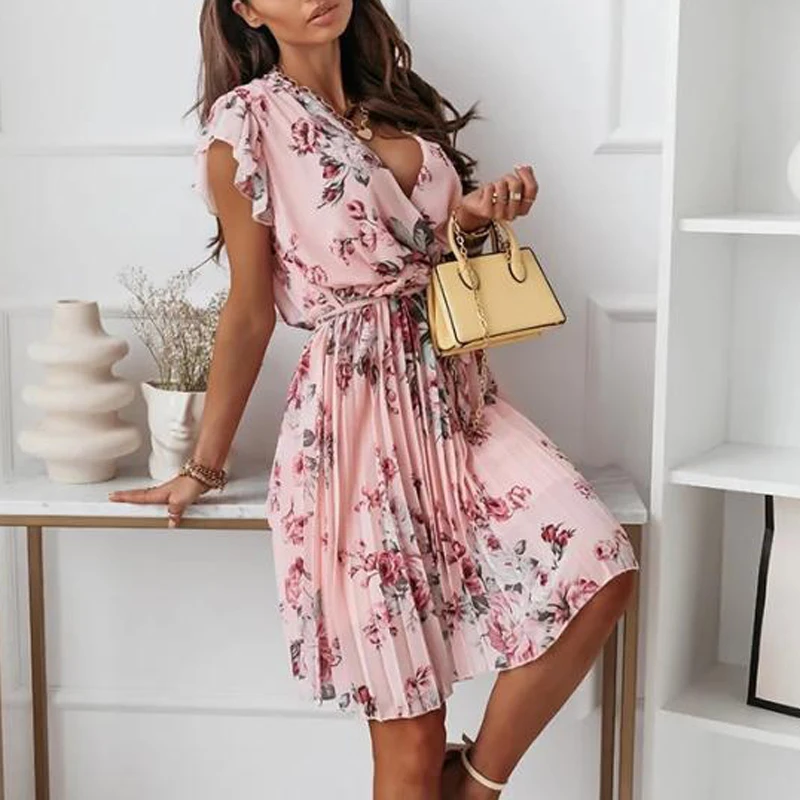 

Casual Short Sleeve A-Line Pleated Dress Women Elegant Floral Print Ruffle Dress Summer Ladies Sexy V-Neck Party Dress