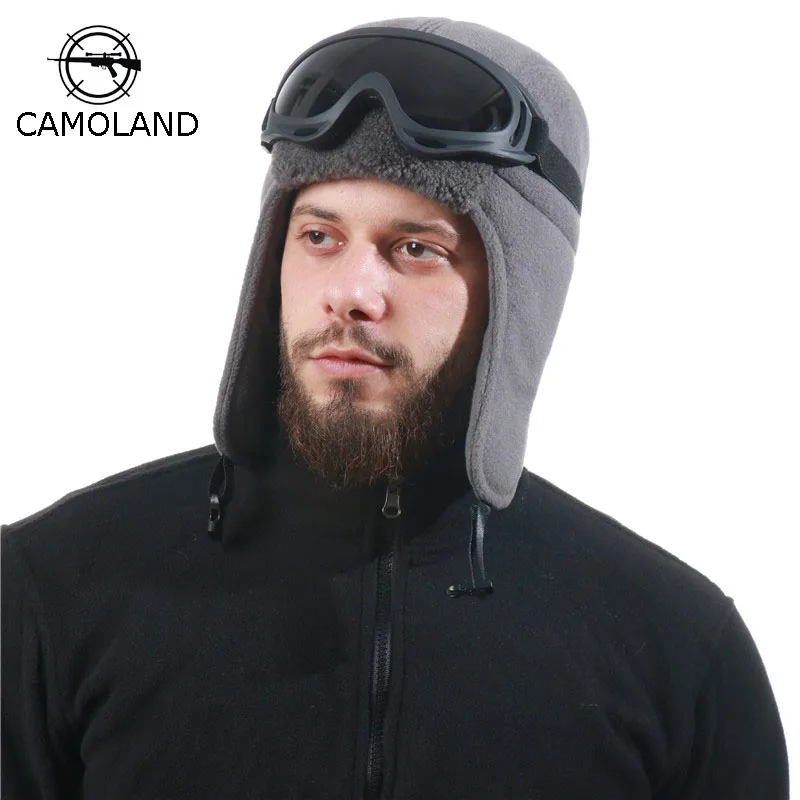 

CAMOLAND Women Men Warm Faux Fur Bomber Hats Outdoor Windproof Winter Hat With Goggles Male Russia Ushanka Earflap Caps