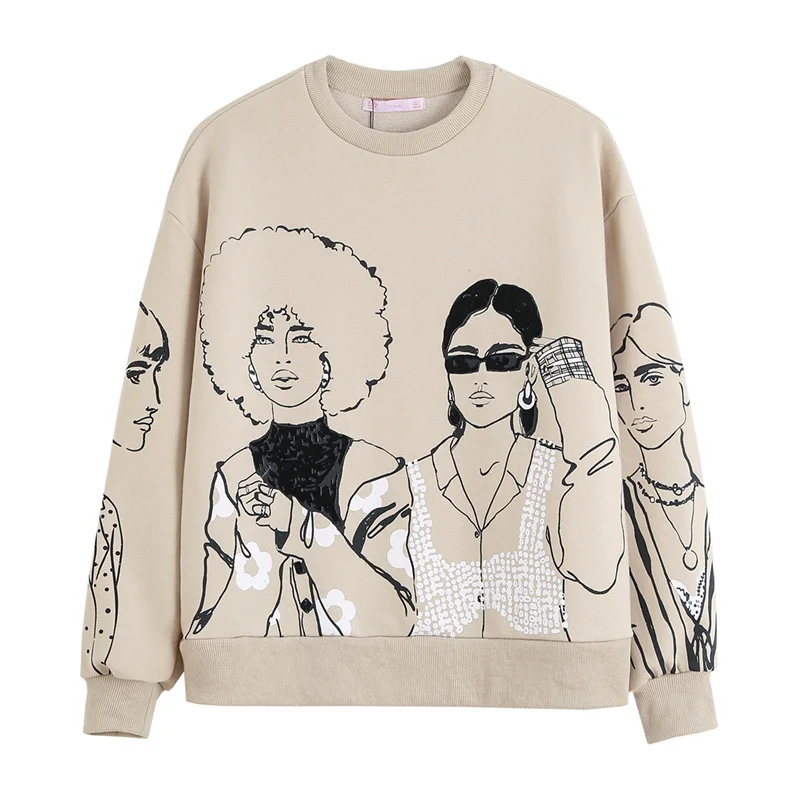 

Women Charater Print Gray Sweatshirts Y2K Oversize Long Sleeve O Neck Loose Pullovers Female Tops