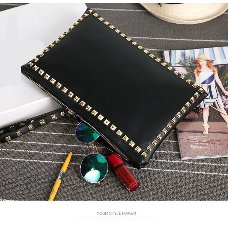 hisuely hot sale fashion women clutch handbag pu leather clutch bag rivets brand design retro lady envelop bag bolsa feminina sa free global shipping