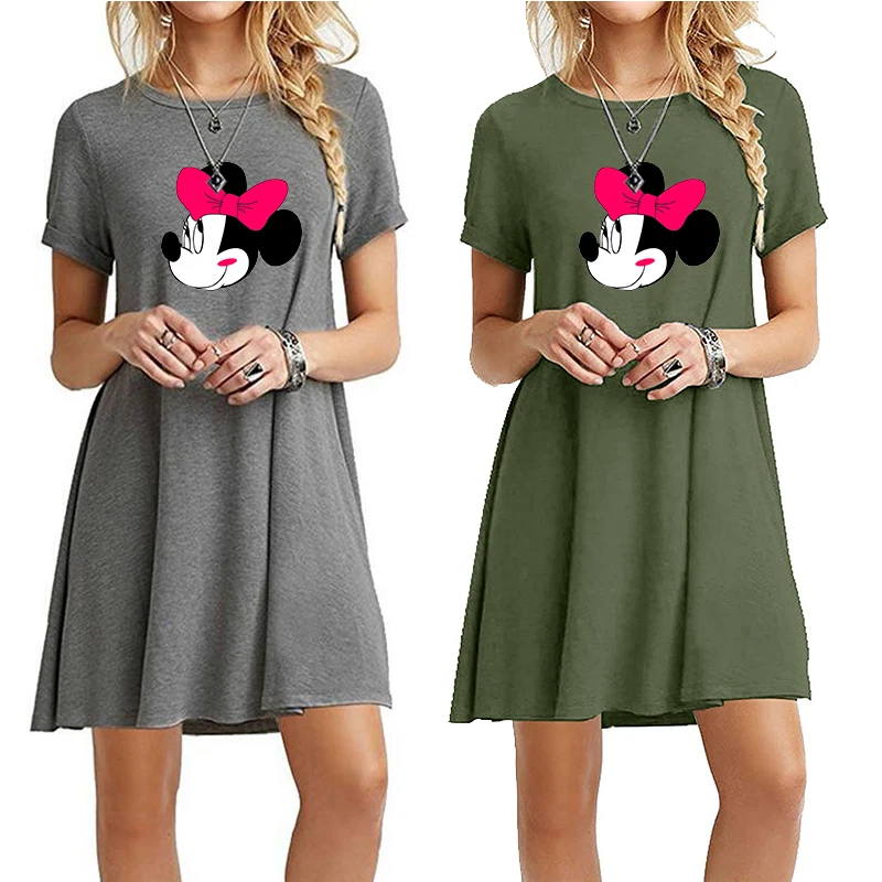

Mickey Minnie Kawaii Mini Dresses Short Sleeve Casual Beach Cartoon Print Kawaii O Neck Robes Woman Summer Loose Retro Sundress