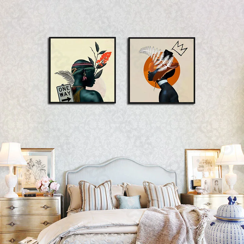

Modern Style Canvas Painting Wall Poster African Black Women Elegant Headdress Flowers Leaves Feathers for Home Room Decoration