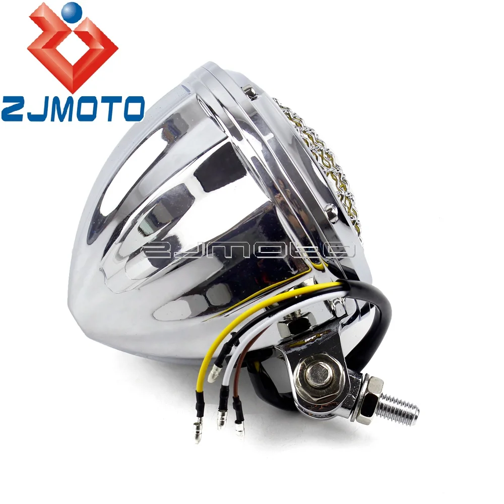 Yellow Glass Motorcycle 4.5&quot Headlamp For Harley Honda Yamaha Suzuki Cafe Racer Bobber Custom Mesh Grille Headlight Polish |