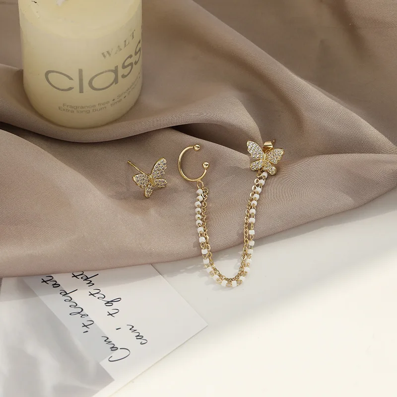 

2020 Sweet Cute Rhinestone Butterfly Stud Earrings For Women Girls Fashion Metal Chain Boucle D'oreille Clip On Wedding Jewelry