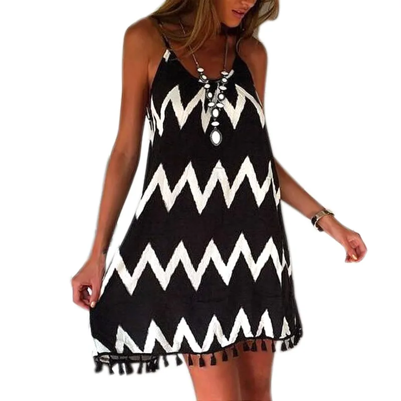 

Ladies Sling Dress Black White Chiffon Backless Mid Dress with Tassel Hem SWD889