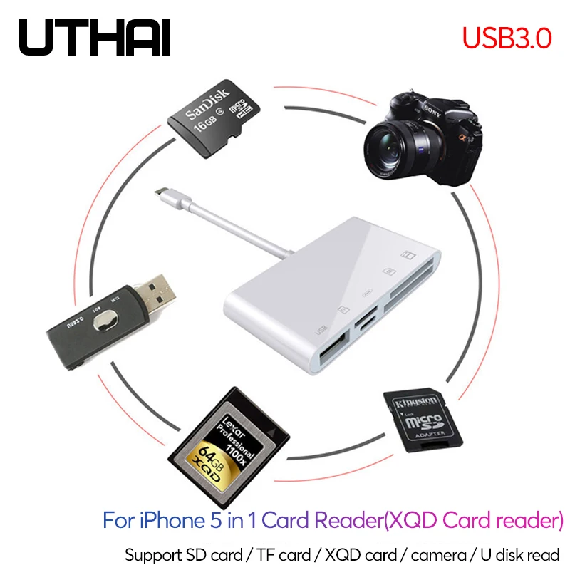 Утхай C55 для iPhone USB3.0 Lightning XQD TF/SD кард ридер 5in1 Быстрая зарядка usb3.0 конвертер мыши