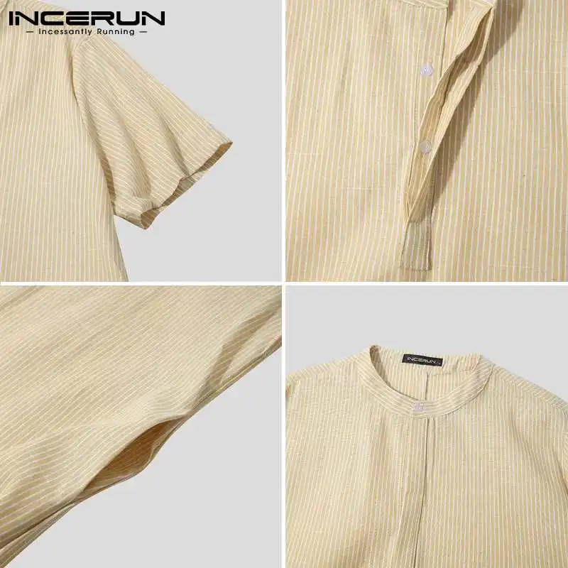 

INCERUN Men Muslim Jubba Thobe Striped Stand Collar Short Sleeve Robes Cotton Casual Caftan Islamic Arabic Kaftan Men Abaya 2021