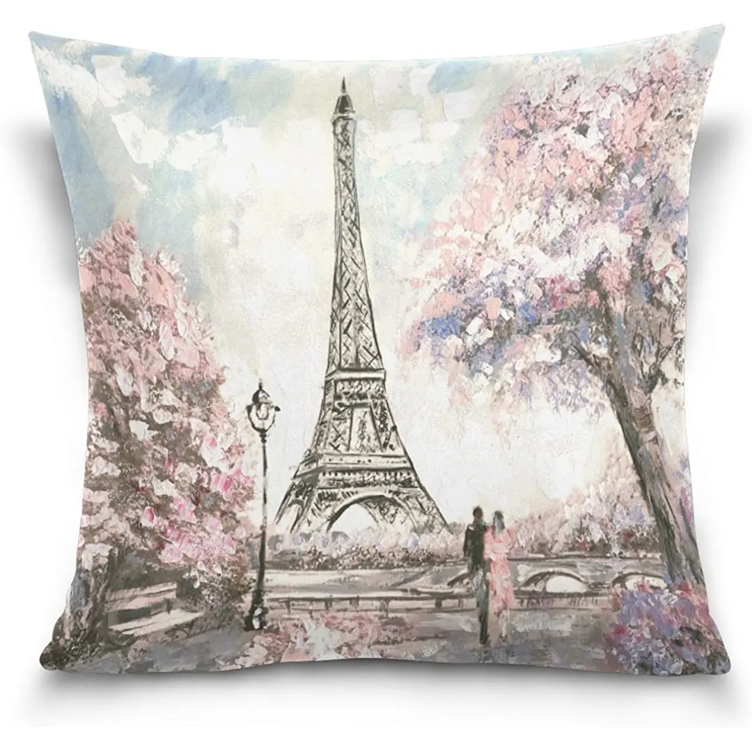 

Throw Pillow Case Decorative Cushion Cover Square Pillowcase, Oil Painting France Paris Eiffel Tower Lover Bed Pillow Case
