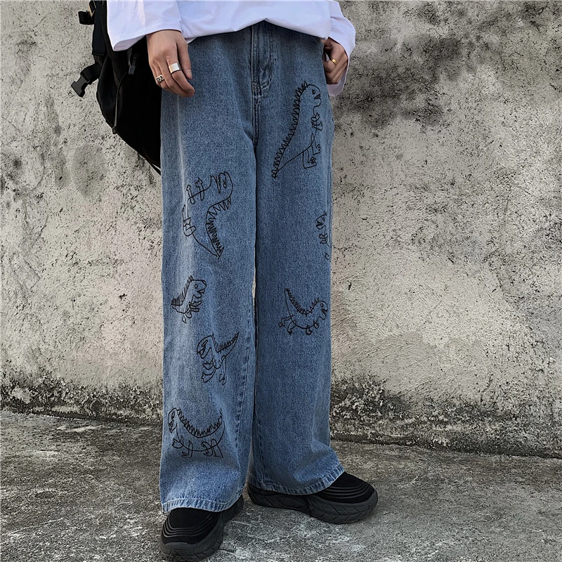 

Women Spring Autumn Fashion Brand Vintage Cartoon Little Dinosaur Girl Print Denim Jeans Female Casual Harem Pants