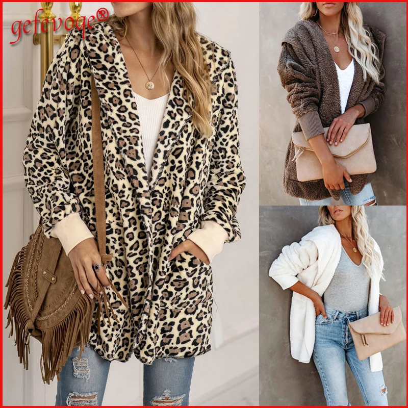 

2021 Autumn Winter Women's Clothing Leopard Print Fashion Streetwear Casual Loose Hooded Coat Outwear Ladies Long Sleeve Jackets