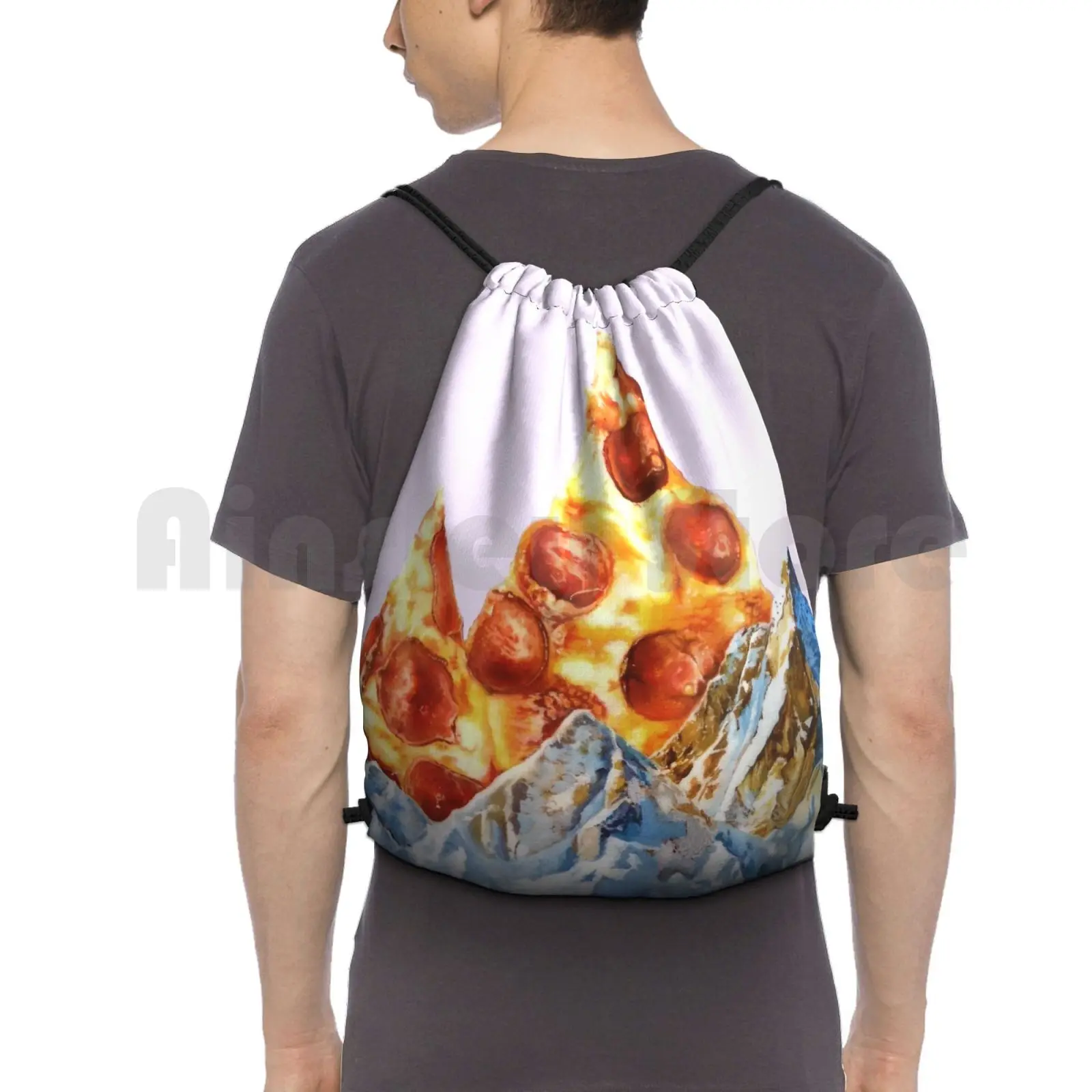 

Pepperoni Pizza Peaks Backpack Drawstring Bag Riding Climbing Gym Bag Pizza Mountain Landscape Food Funny Surreal Weird