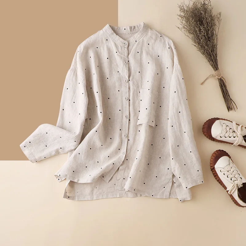 

Autumn Linen Long-Sleeved Women's Polka Dot Shirts Loose Casual Stand Collar Ladies Tops Polka Dot Shirts for Women full sleeve