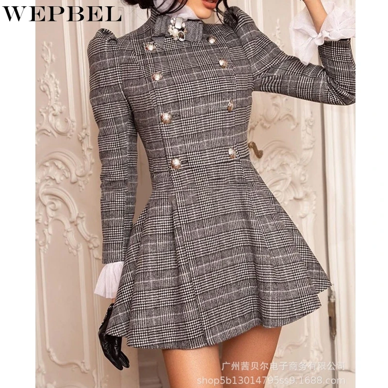 

WEPBEL, клетчатое облегающее платье, женское Повседневное платье, летнее модное двубортное платье с длинным рукавом, бантом и высокой талией