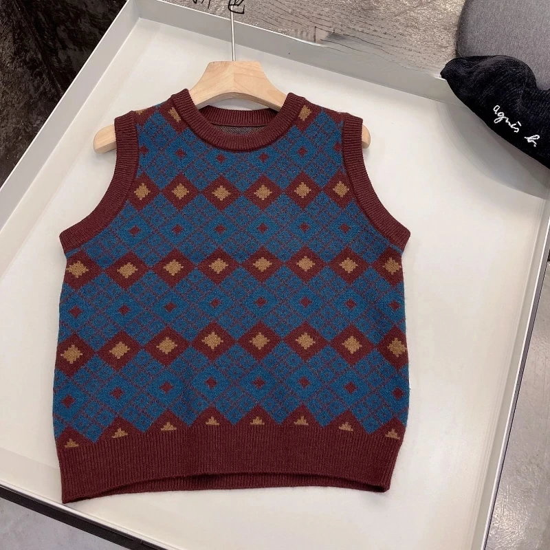 

Autumn Children Clothing Loose Round Neck Sleeveless Floral Knitted Vest Color Matching Retro Pattern Sweater Vest
