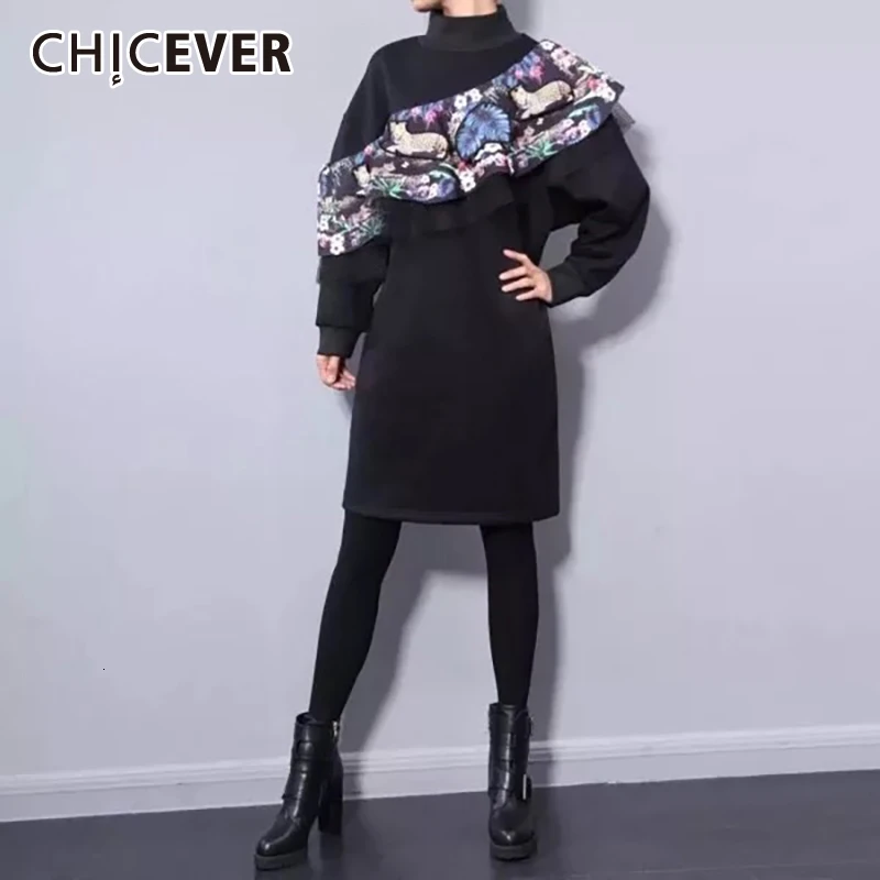 CHICEVER/осеннее платье с рюшами в стиле пэчворк для женщин воротником-стойкой