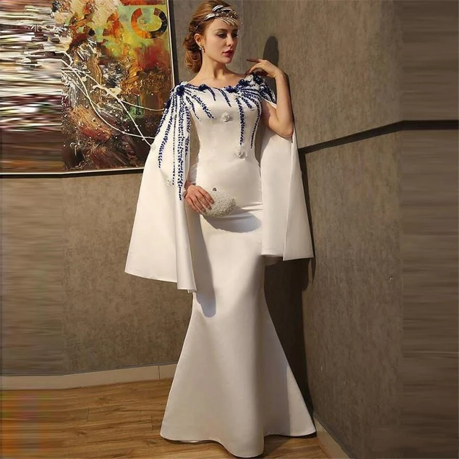 

Dubai Muslim Evening Dresses White Satin Moroccan Kaftan Cape Prom Special Occasion Gowns Arabic Long Sleeve Dress Evening Wear