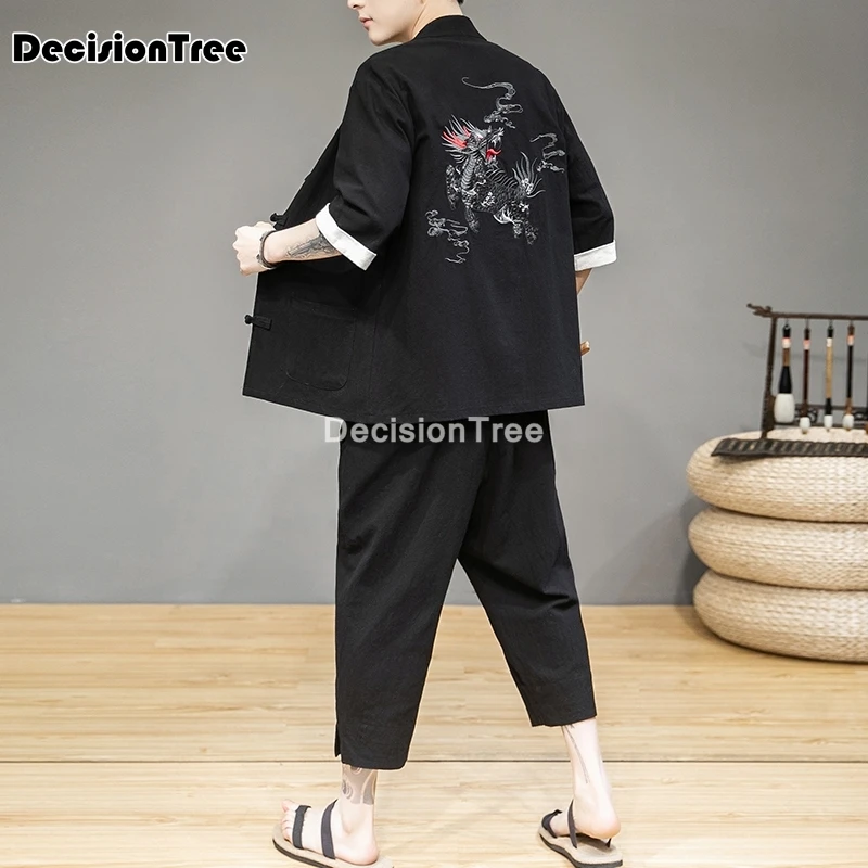 

2021 chinese style wedding men embroidery patterns chinese tang mandarin collar chinese tunic top+pants kung fu set