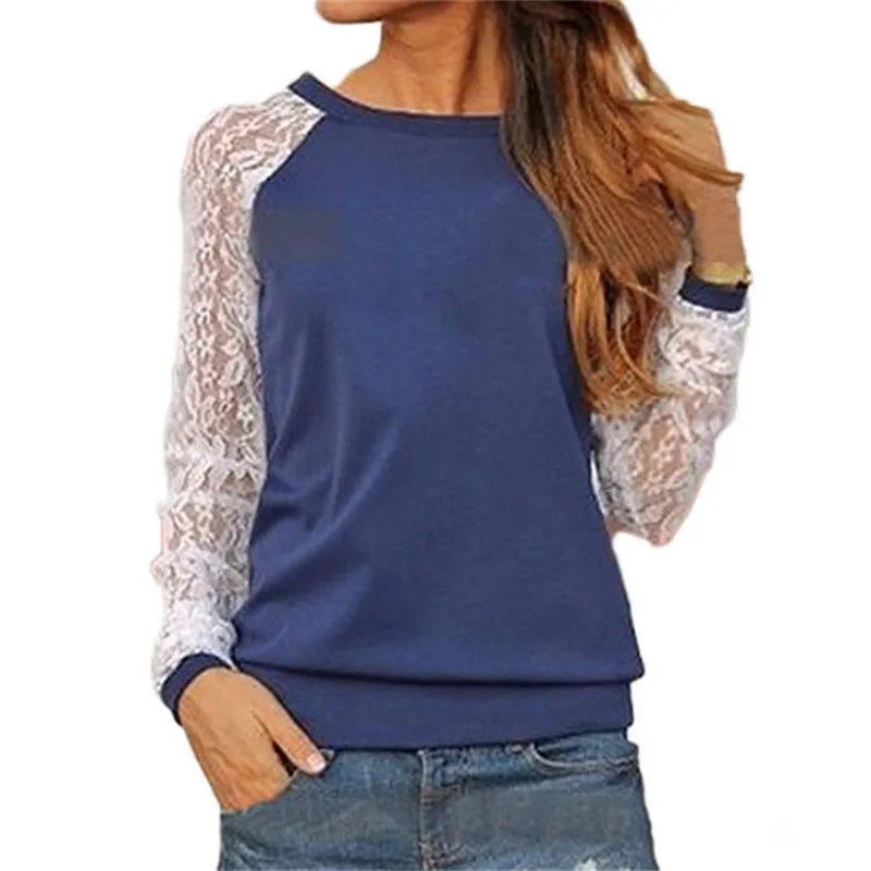 2019 Spring Women Casual Hoodies Sweatshirts Fashion Lace Patchwork Long Sleeve Sweatshirt O Neck Pullover Tops Sudaderas Mujer