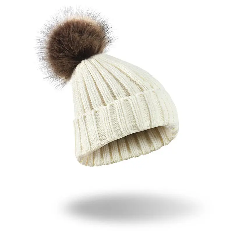 Hot Sale Knitted Womens 14 Colors Faux Fur Ball Beanie Ski Hat Detachable Ladies Winter Unisex Wild Hipster Ball Knit Hat 10PC