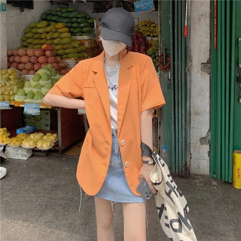 

2021 Orange Solid Short Sleeve Blazer Jackets Thin Femme Casual Elegant Vintage OL Outwear All Match Coats Retro Tops