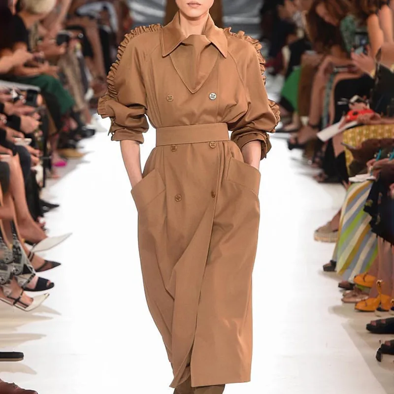 Женский Тренч винтажный с высокой талией двубортный осенний оборками Туника