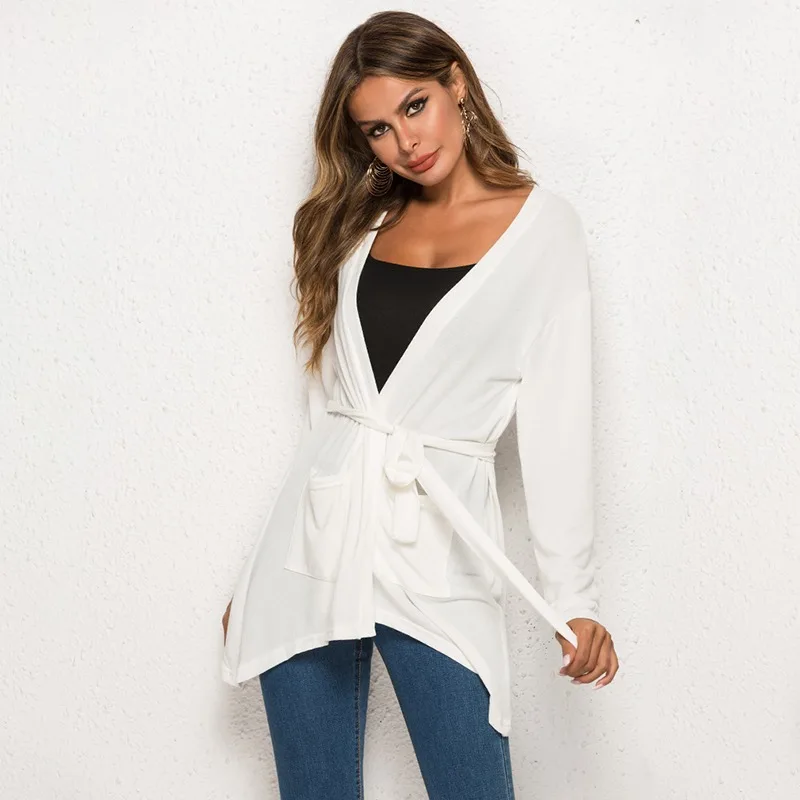 Женский кардиган с длинным рукавом поясом |