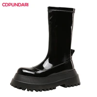 ladies black brown flat platform calf boots for women autumn winter short chunky boots lolita shoes bottes plateforme femme