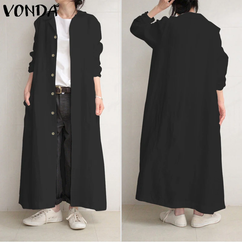 VONDA женское повседневное длинное платье макси на пуговицах однотонный офисный