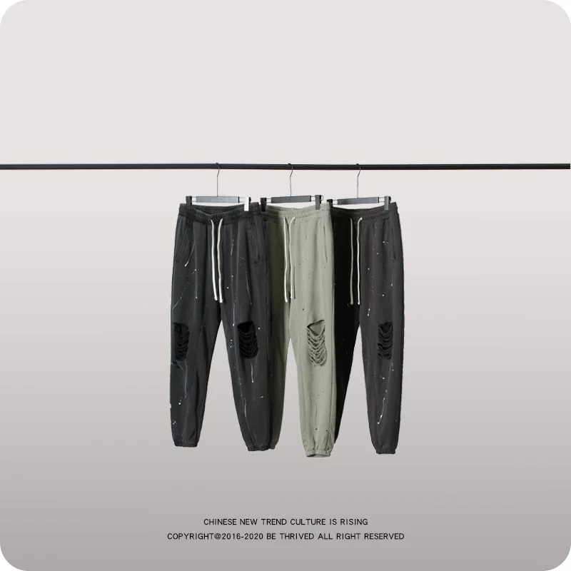 Крутые мужские брюки осень зима новый стиль колено отверстия брызги штаны с