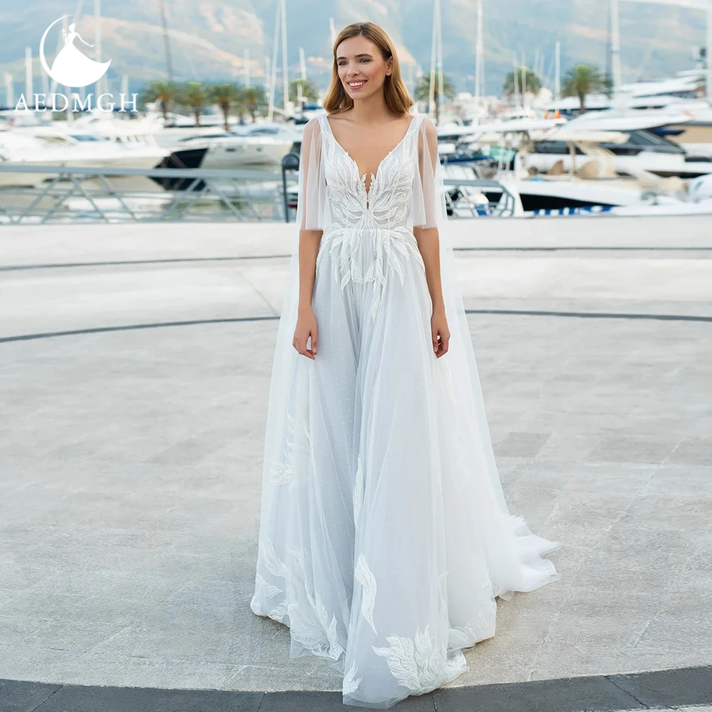 

Женское свадебное платье в стиле бохо Aedmgh, ТРАПЕЦИЕВИДНОЕ ПЛАТЬЕ С V-образным вырезом и бисером, простой наряд со шлейфом, 2022