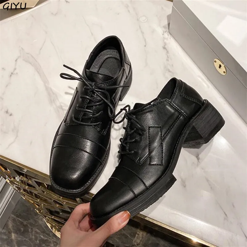 

GIYU Genuine Leather Women's Shoes 2021 Spring New Thick Heel Single Shoes Chunky Low-heeled Female Dress Shoes High Heels