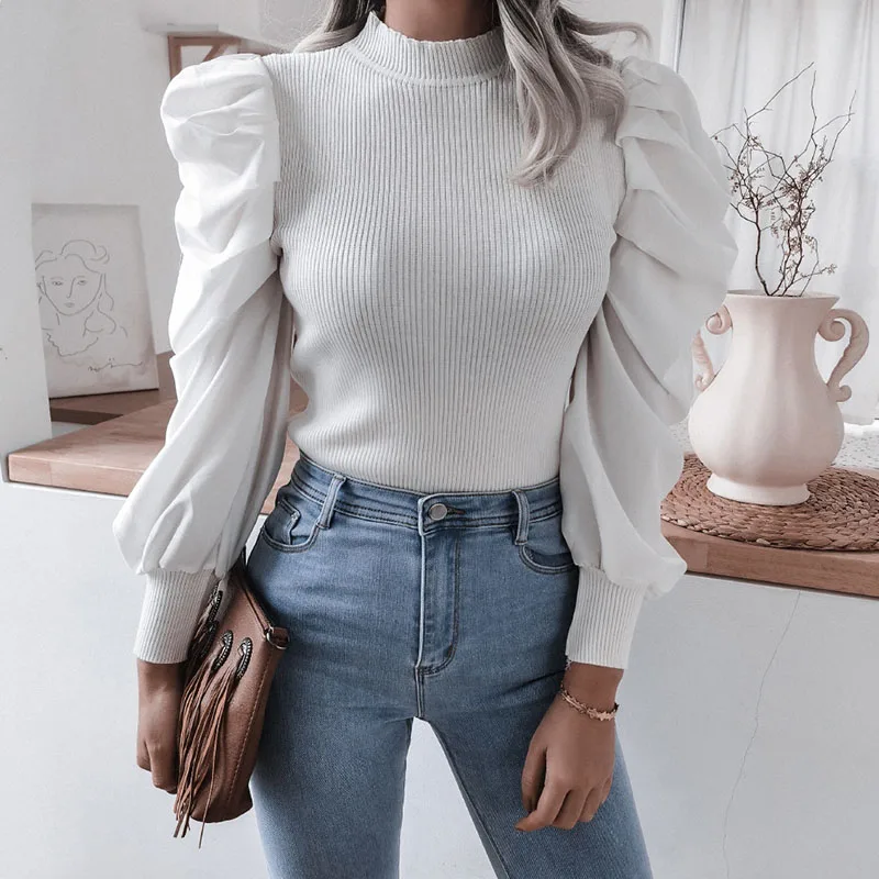 

2021 Spring Women Shirts Blouses Cotton Elegant Puff Sleeve Sweater Casual Solid Color Round Neck Women's Blouse Pullover