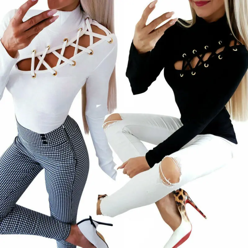 Женская облегающая футболка с длинным рукавом на шнуровке вырезами высоким