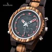 bobo bird digital wood watch top brand zebra mens dual display chronograph date week calendar male wristwatch relogio masculino
