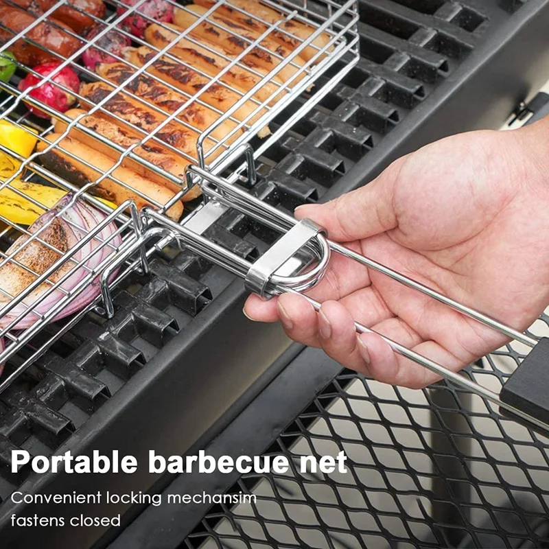 Barbecue Grilling Basket Portable Stainless Steel Grill Folding BBQ Net Accessories with Wooden Handle |