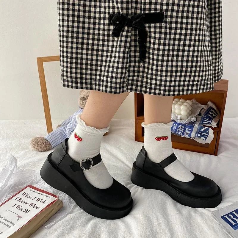 

Женские весенние туфли Мэри Джейн, кожаные лоферы на плоской платформе, с круглым носком, толстая подошва, в японском стиле, черные