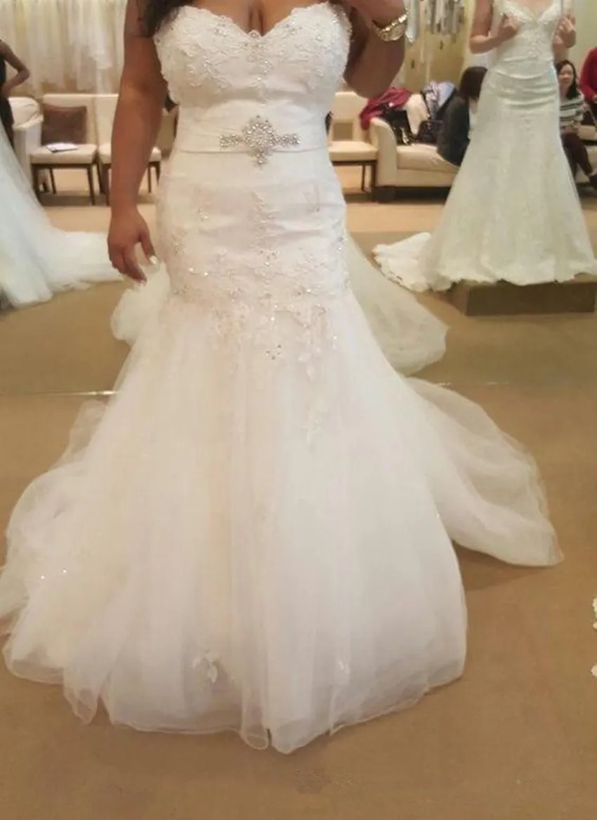 Lace Mermaid Wedding Dresses Sweetheart Bling Crystals Sash White Tulle sweep Train Real Picture Bridal Gowns for Spring | Свадьбы и