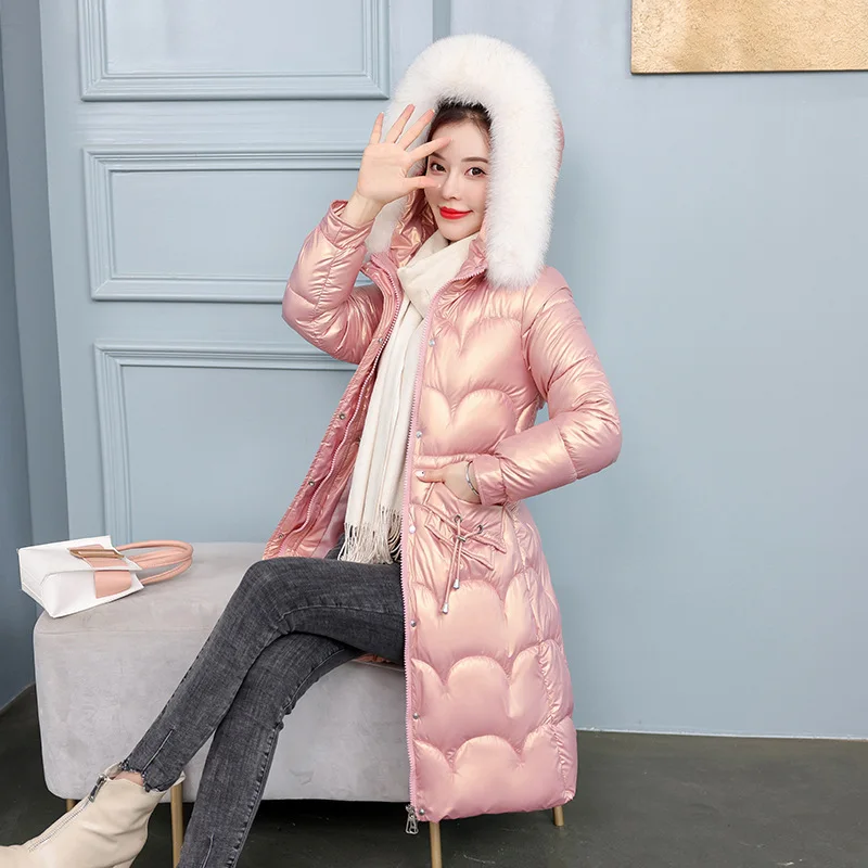 Winter Coats for Women 2023 Big Fur Collar Cotton Parkas New Shiny Fabic Midum-length Hooded Padded Jacket Fashion Women Outfit