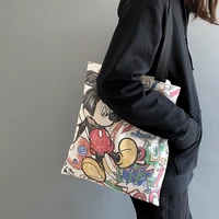 cute cartoon printed canvas bag for women single shoulder fashion trend large capacity zipper shopping bag kawaii handbag
