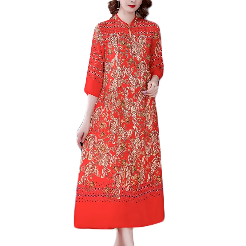 

2021 Summer Spring Vintage M-4XL Plus Size Dress Women Chinese Style Red Print Mulberry Silk Midi Dress Elegant Party Vestidos