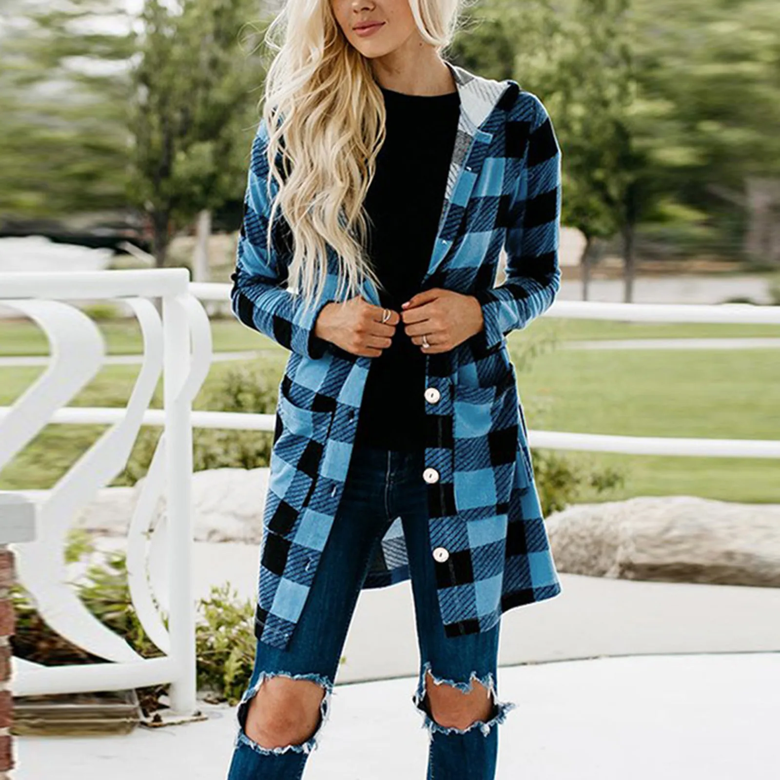 

Женское повседневное длинное пальто с капюшоном, Кардиган с длинным рукавом и карманами в клетку, весна-осень 2021