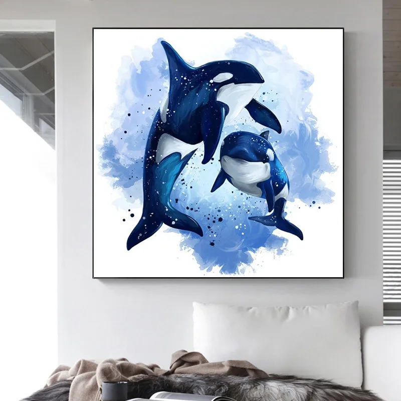 

Two Blue Dolphins Watercolor Animal Canvas Painting Living Room Decoration Home Decor Paintings for Interior Picture Wall Art