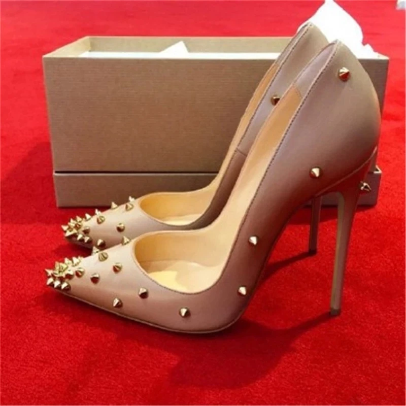 

Elegant Beige White Black Matte Leather Rivets Shoes Stiletto Heel Gold Spikes Celebrating Pumps Women High Heels Dress Shoes