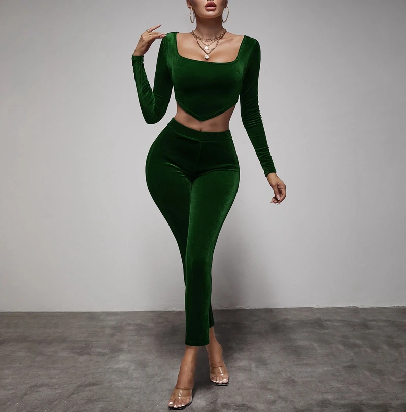 

Velvet Two Piece Set Sexy Crop Top Pencil Pants Birthday Clothes for Women Vacation Outfits Night Clubwear Matching Sets